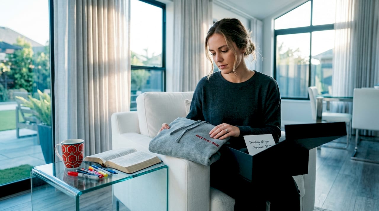 Person preparing Christian apparel gift in living room