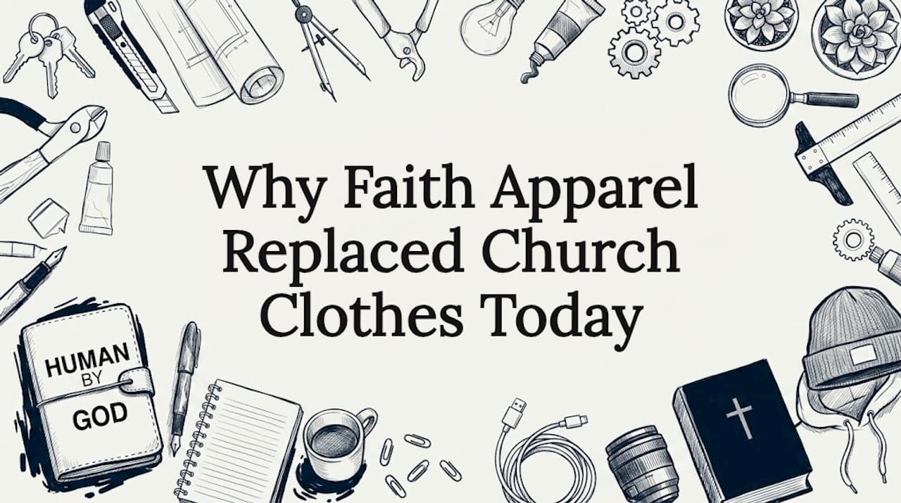 Hand-drawn title card with apparel and Bible motifs