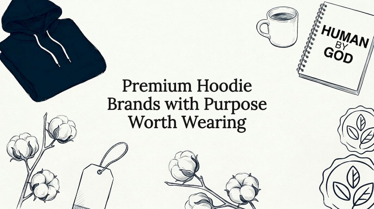 Hand-drawn hoodie blog title card with object clusters