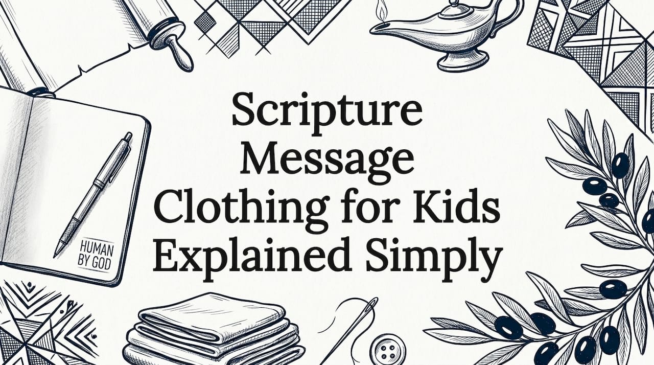 Decorative title card with clothing and Biblical motifs
