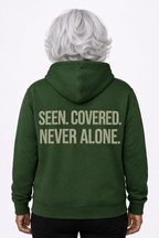 Seen Covered Never Alone — model back view — embroidered