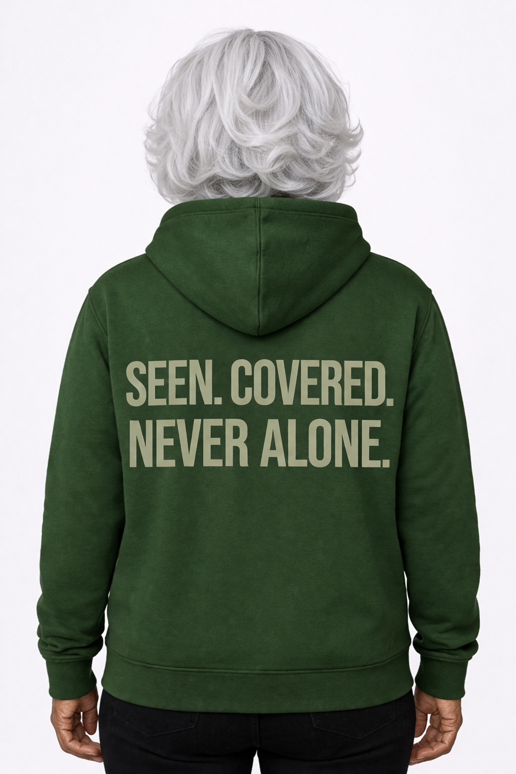 Seen Covered Never Alone — model back view — embroidered