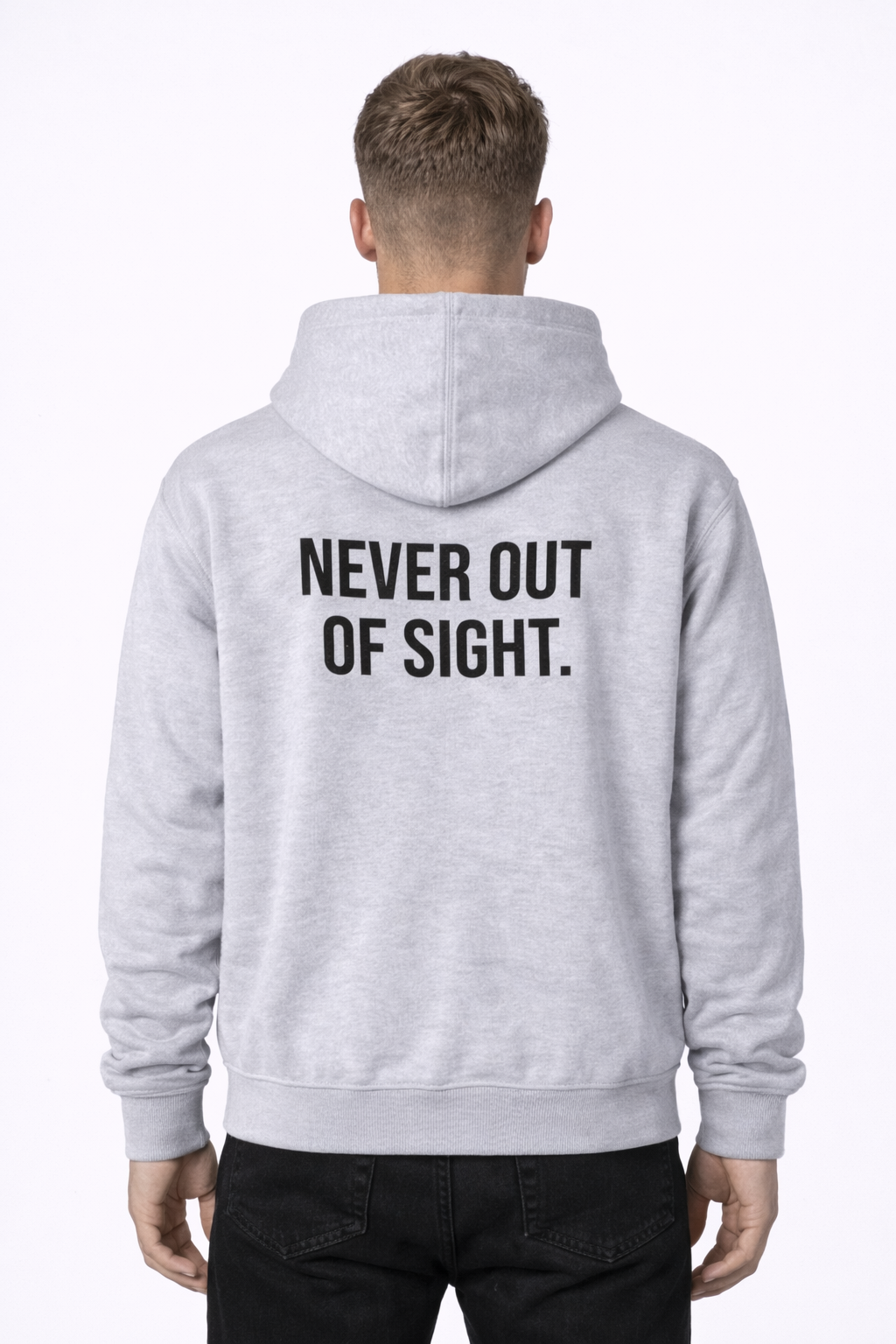 Never Out Of Sight — model back view — printed