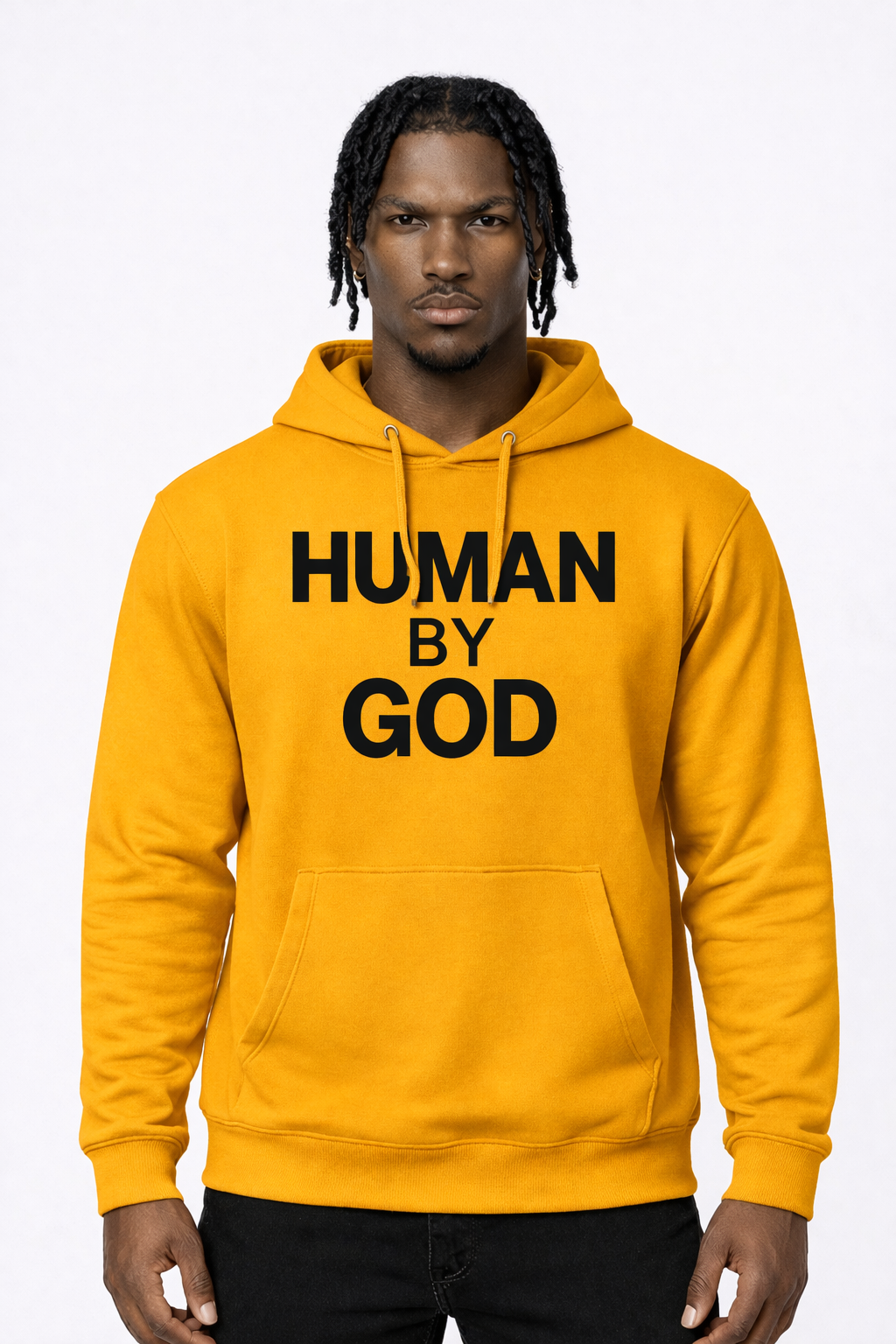 Protected in Plain Sight — Front view model wearing HUMAN BY GOD gold hoodie