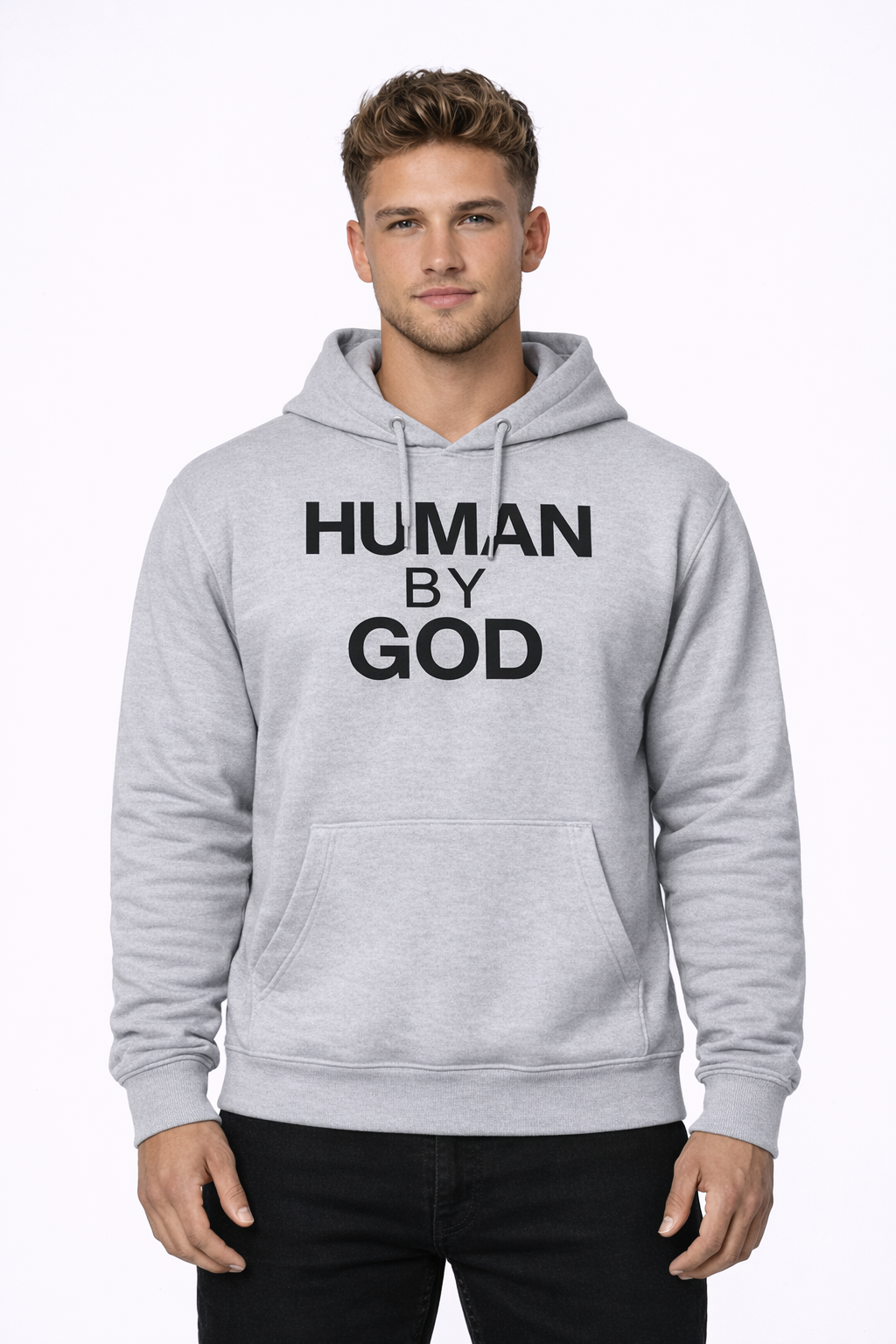 Never Out of Sight — Front view model wearing grey HUMAN BY GOD hoodie (Embroidered)