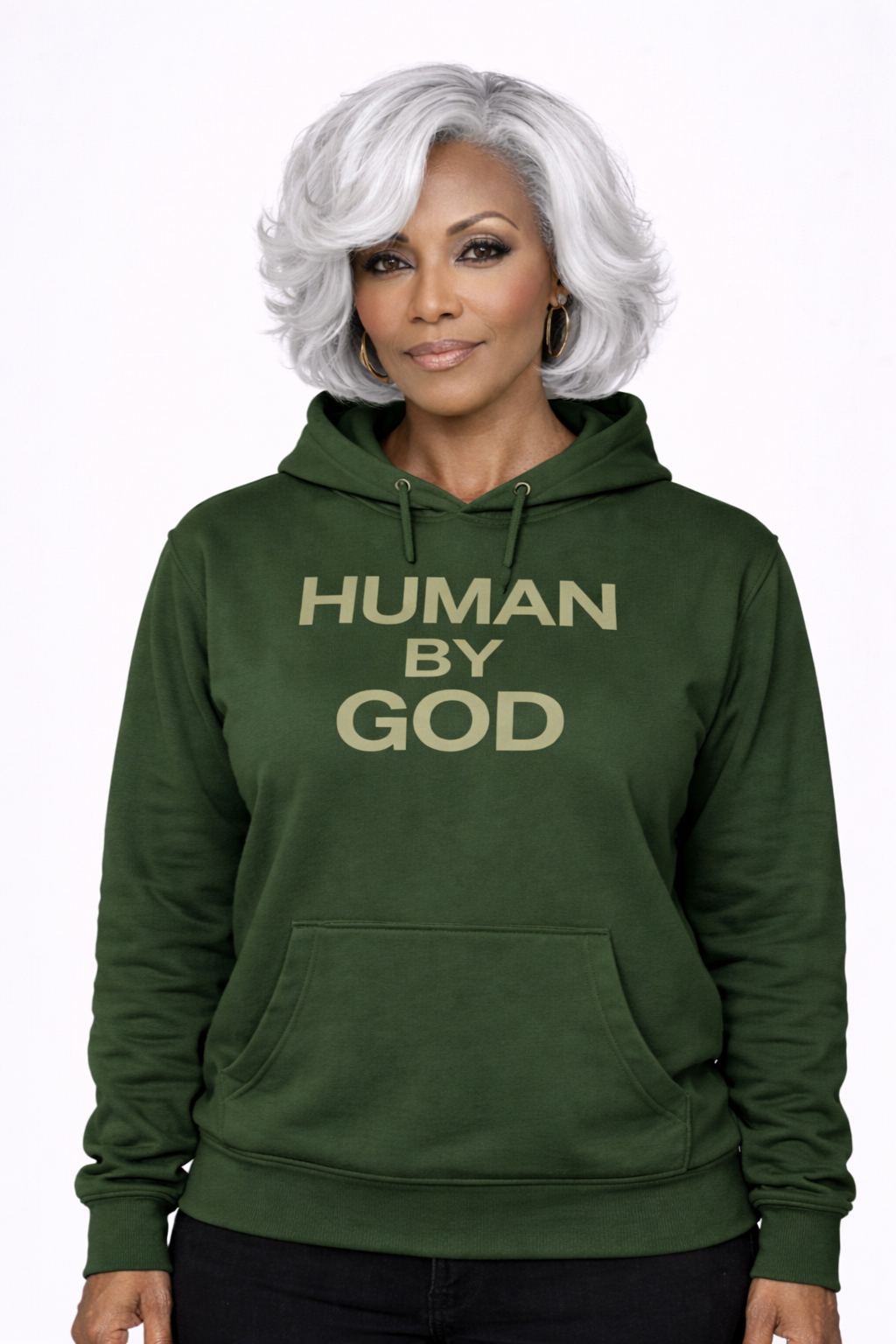 Seen. Covered. Never Alone. — Front view model wearing HUMAN BY GOD forest green hoodie