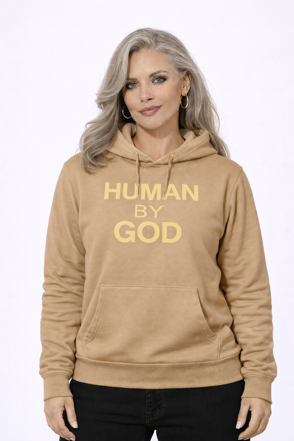 Nothing Hidden. Everything Held. — Front view model wearing HUMAN BY GOD bone hoodie