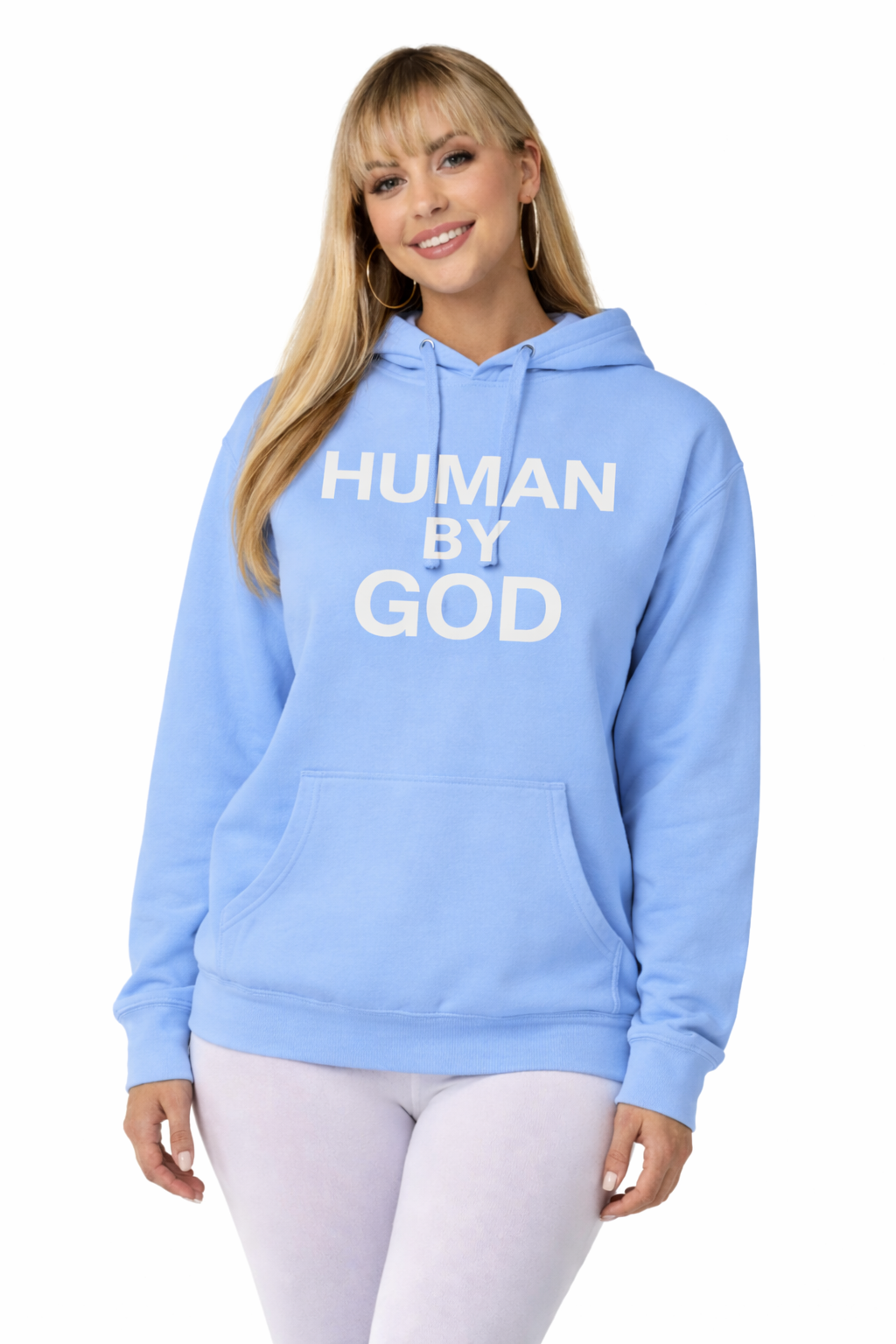 Presence Over Everything — Front view model wearing HUMAN BY GOD carolina blue hoodie