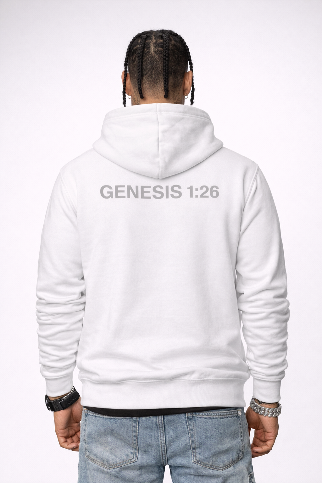 Genesis 1:26 — Back view model wearing white hoodie with GENESIS 1:26 slogan