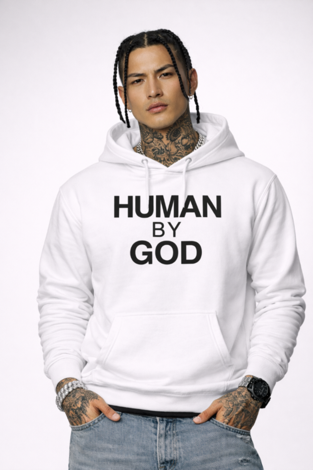 Genesis 1:26 — Front view model wearing white HUMAN BY GOD hoodie