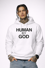 HUMAN BY GOD — model front view — premium faith hoodie