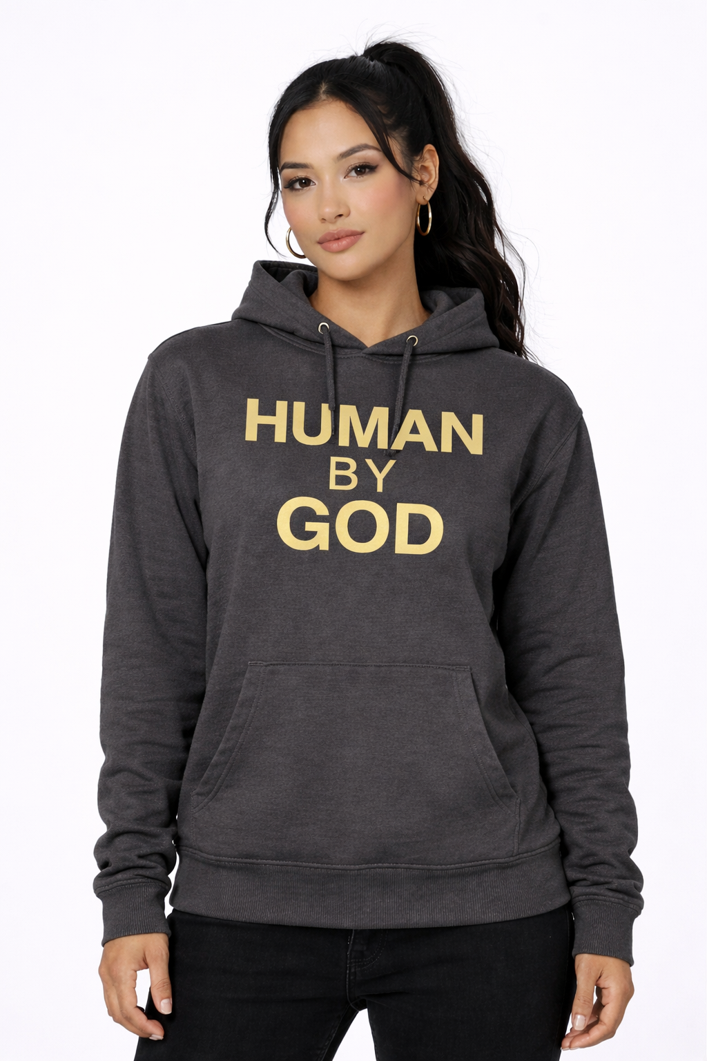 You're Not Lucky. You're Covered. — Front view model wearing HUMAN BY GOD hoodie