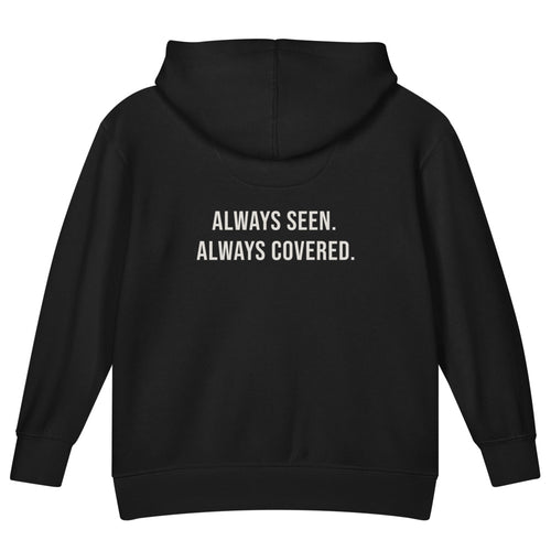 Always Seen. Always Covered. — Kids Faith Hoodie - Black back