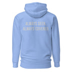 Always Seen. Always Covered. — Carolina Blue hoodie — back view