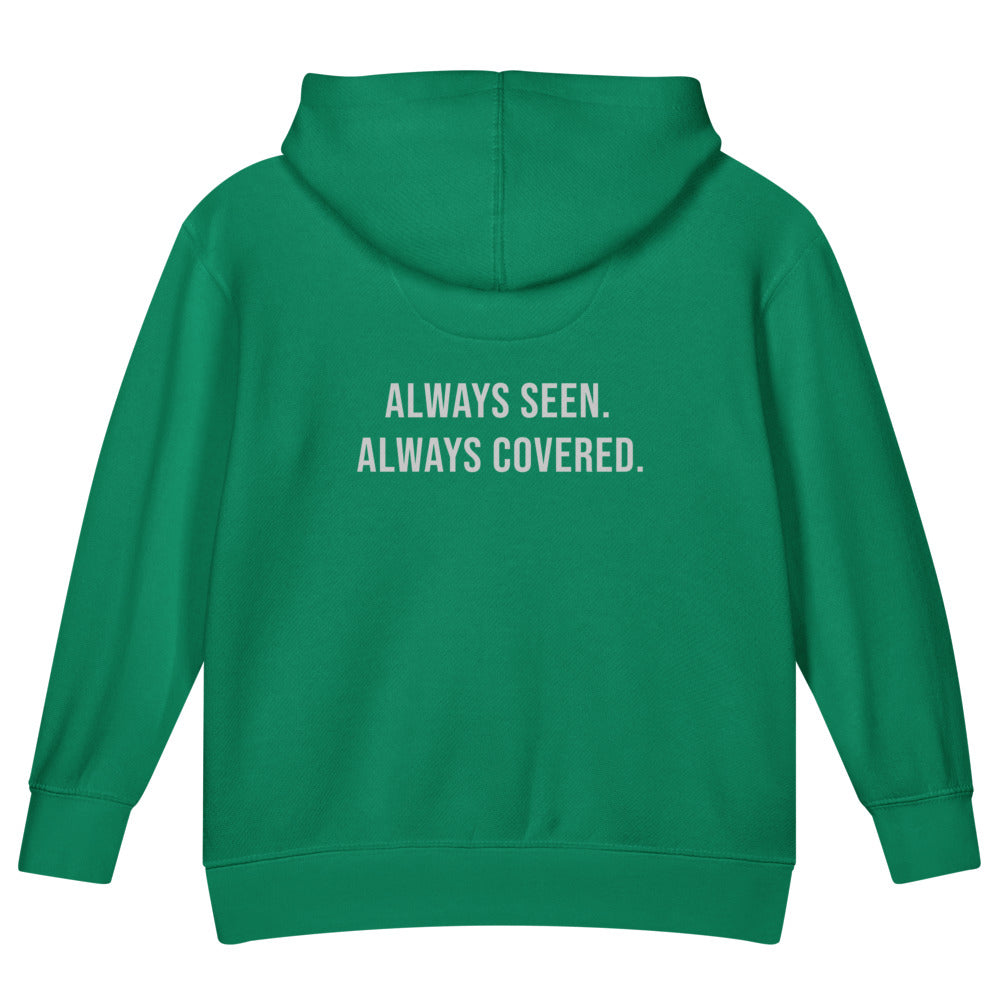 Always Seen. Always Covered. — Kids Faith Hoodie - Kelly back