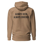 Always Seen. Always Covered. — Latte hoodie — back view