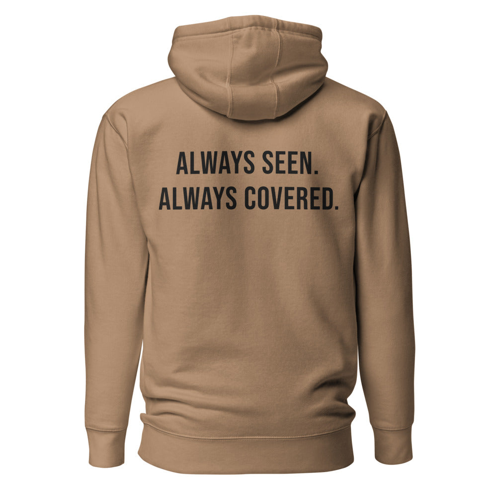 Always Seen. Always Covered. — Latte hoodie — back view