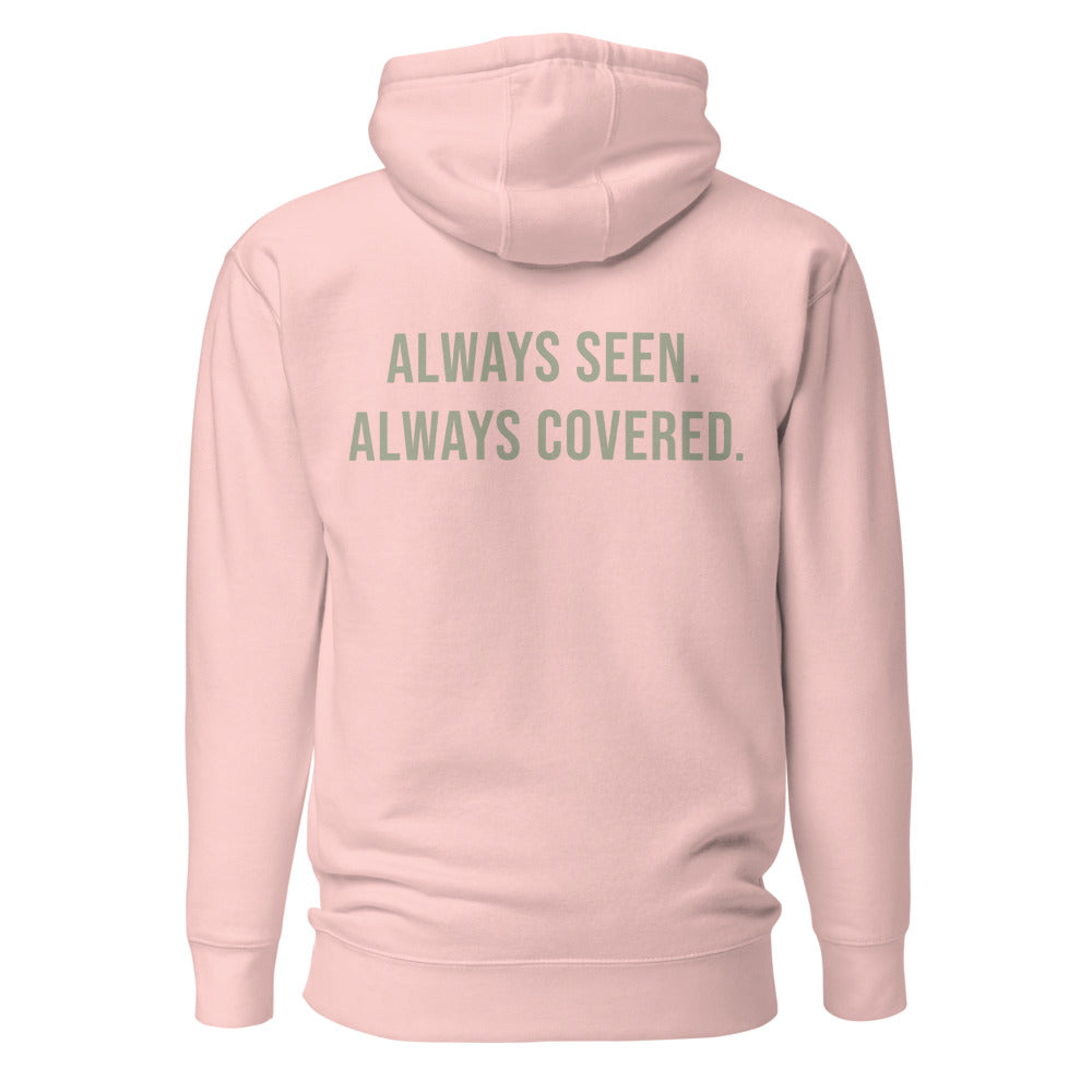 Always Seen. Always Covered. — Light Pink hoodie — back view