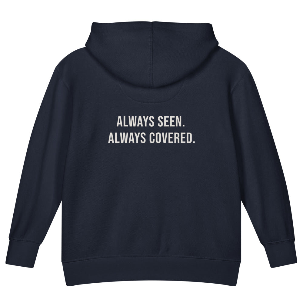 Always Seen. Always Covered. — Kids Faith Hoodie - Navy back