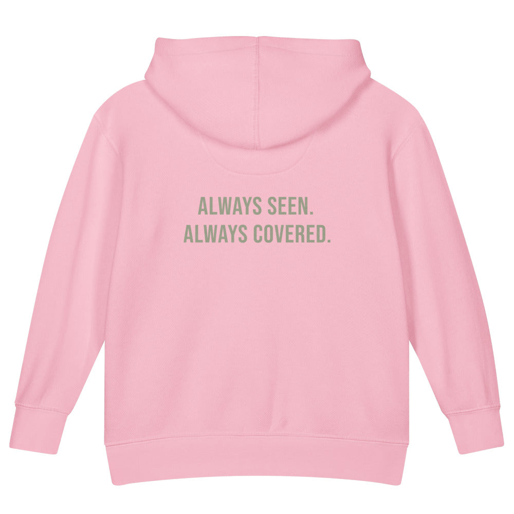 Always Seen. Always Covered. — Kids Faith Hoodie - Pink back