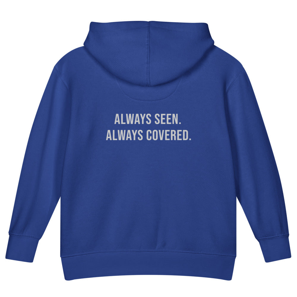 Always Seen. Always Covered. — Kids Faith Hoodie - Royal back