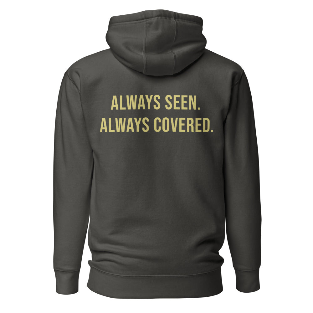 Always Seen. Always Covered. — Embroidered Faith Hoodie — Vintage Black hoodie back with Butter ink slogan