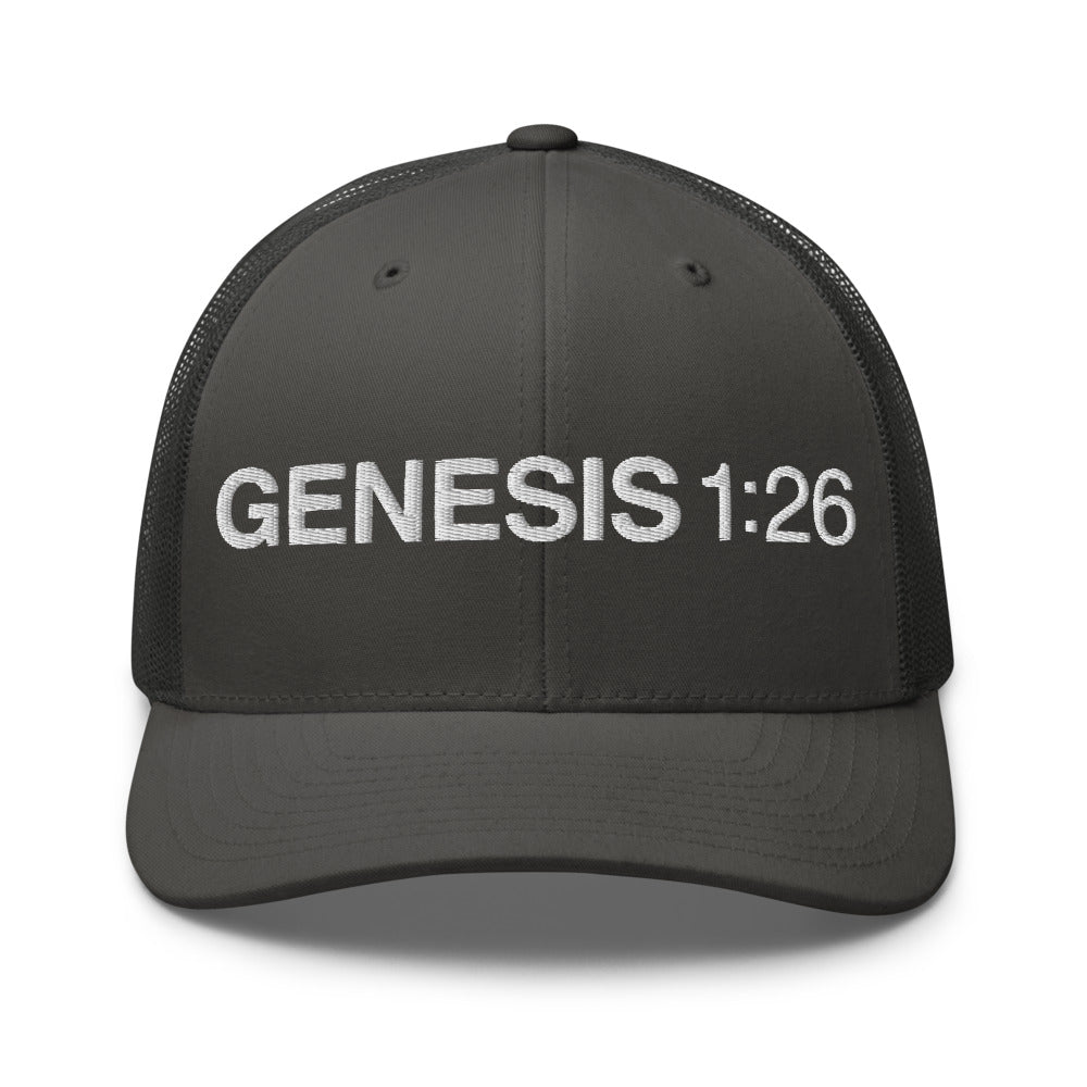 Genesis 1:26 — Charcoal trucker cap front — Human By God