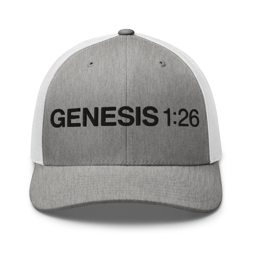 Genesis 1:26 — Heather Grey trucker cap front — Human By God
