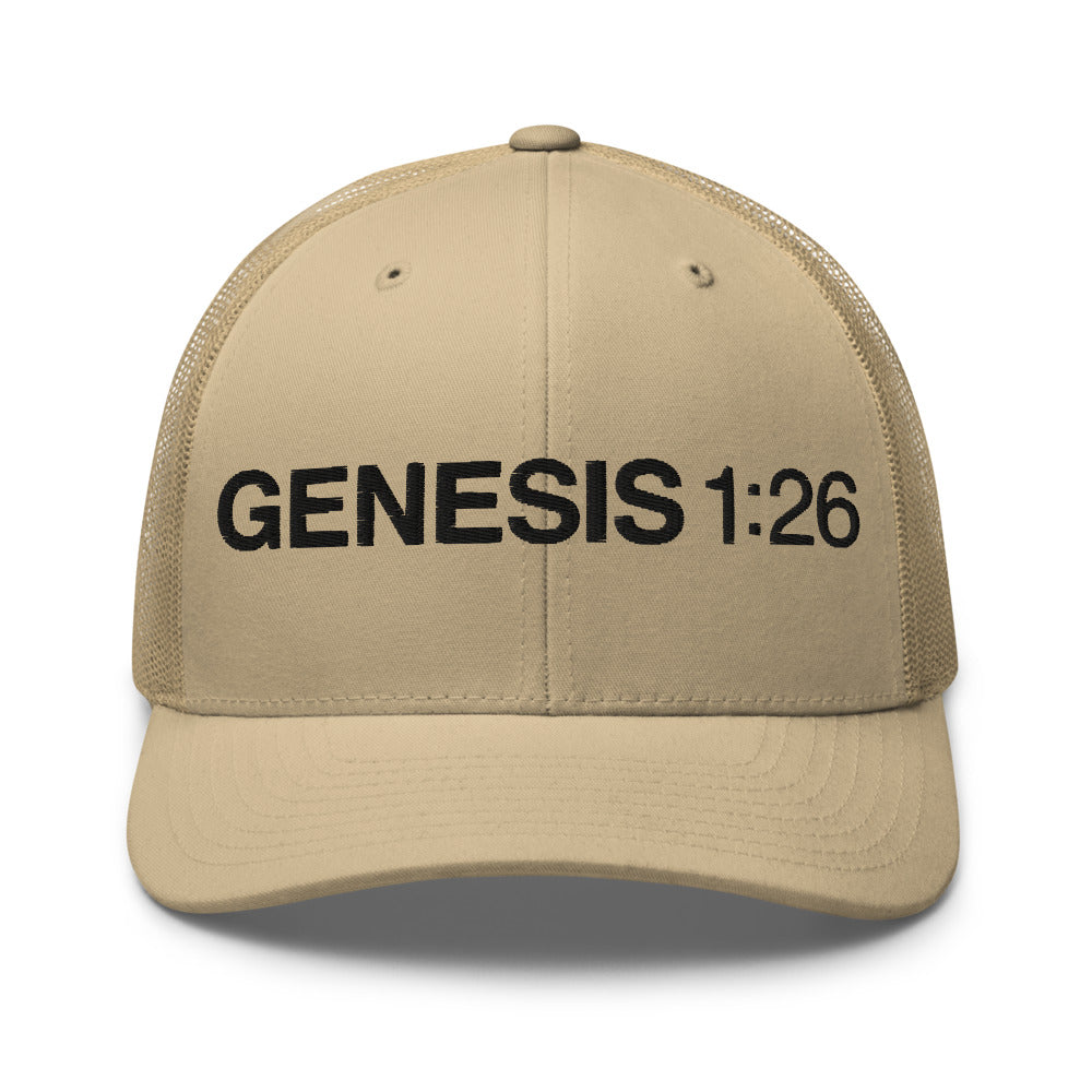 Genesis 1:26 — Khaki trucker cap front — Human By God