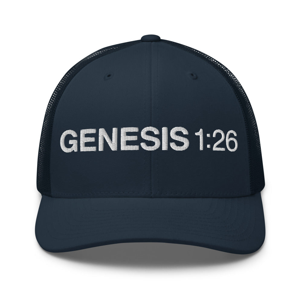 Genesis 1:26 — Navy trucker cap front — Human By God