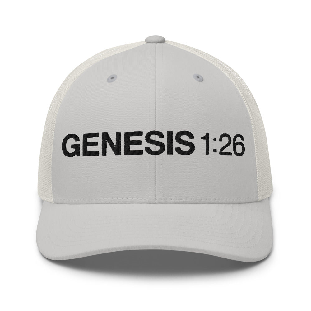 Genesis 1:26 — Silver trucker cap front — Human By God