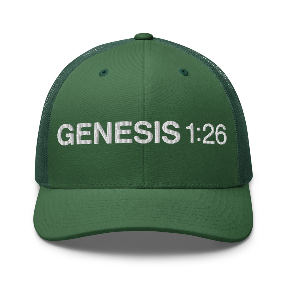 Genesis 1:26 — Spruce trucker cap front — Human By God