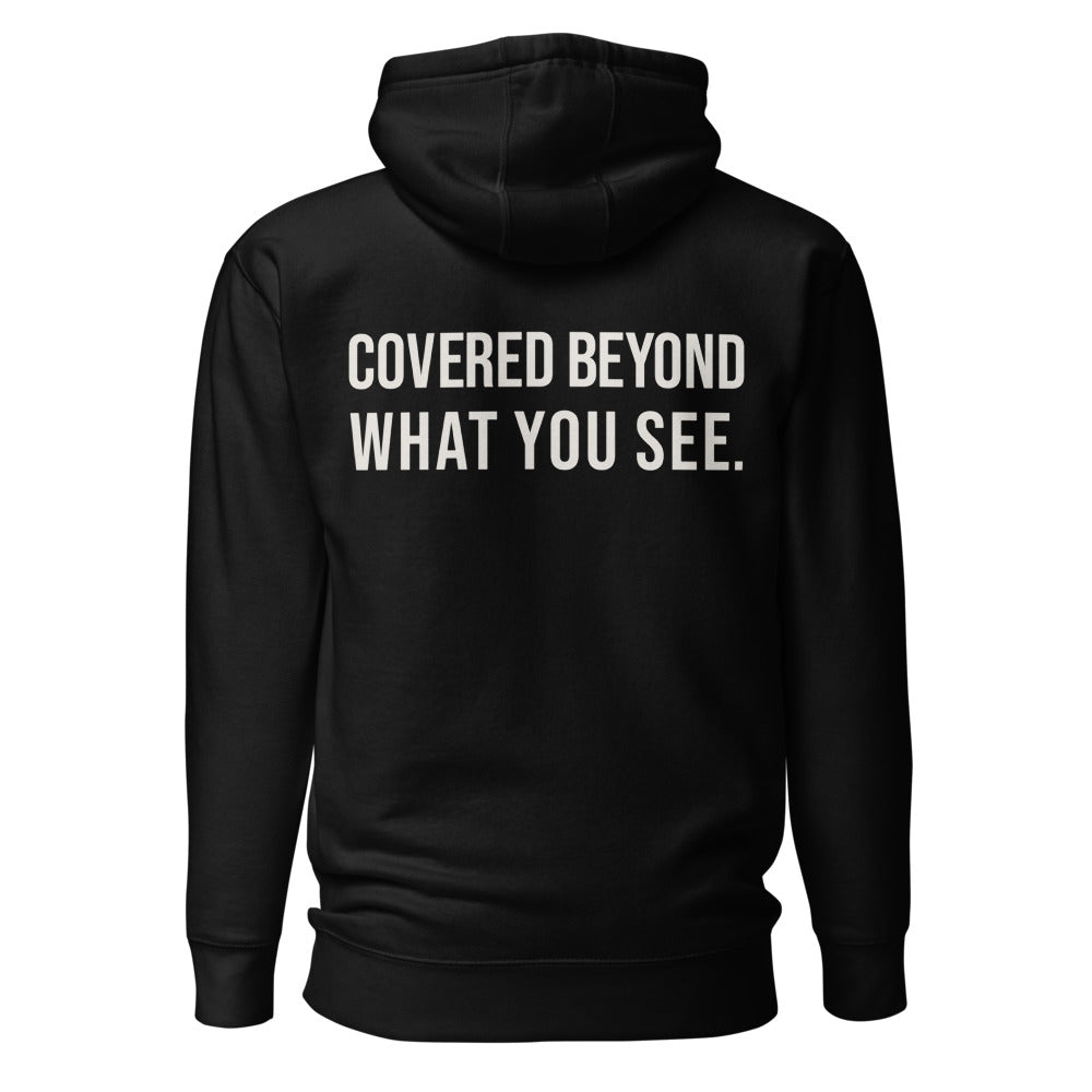 Covered Beyond What You See — Black hoodie — back view