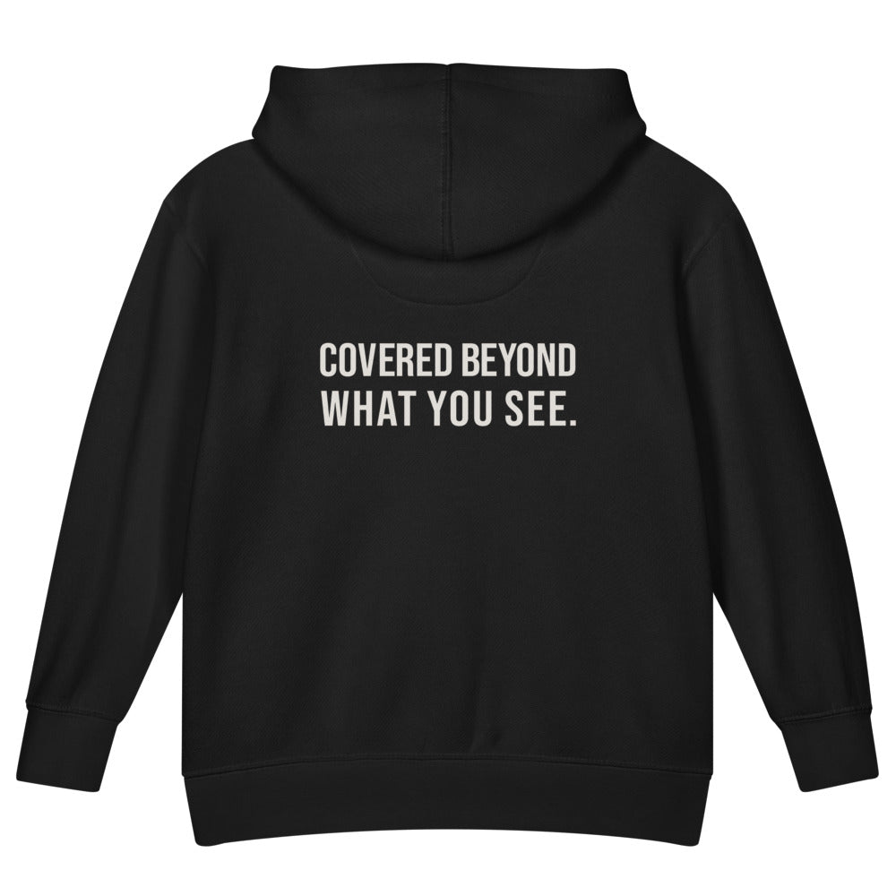Covered Beyond What You See — Kids Faith Hoodie - Black back