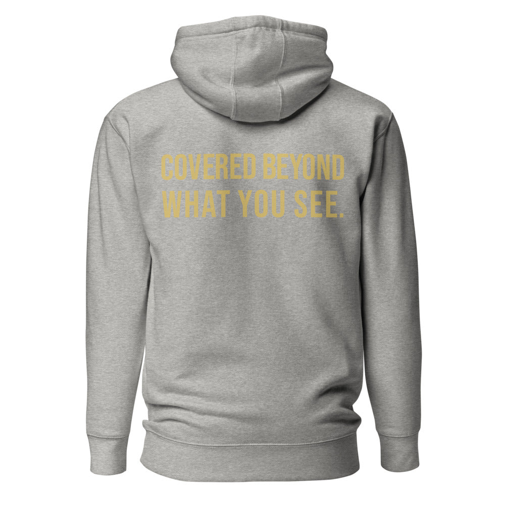 Covered Beyond What You See — Carbon Grey hoodie — back view