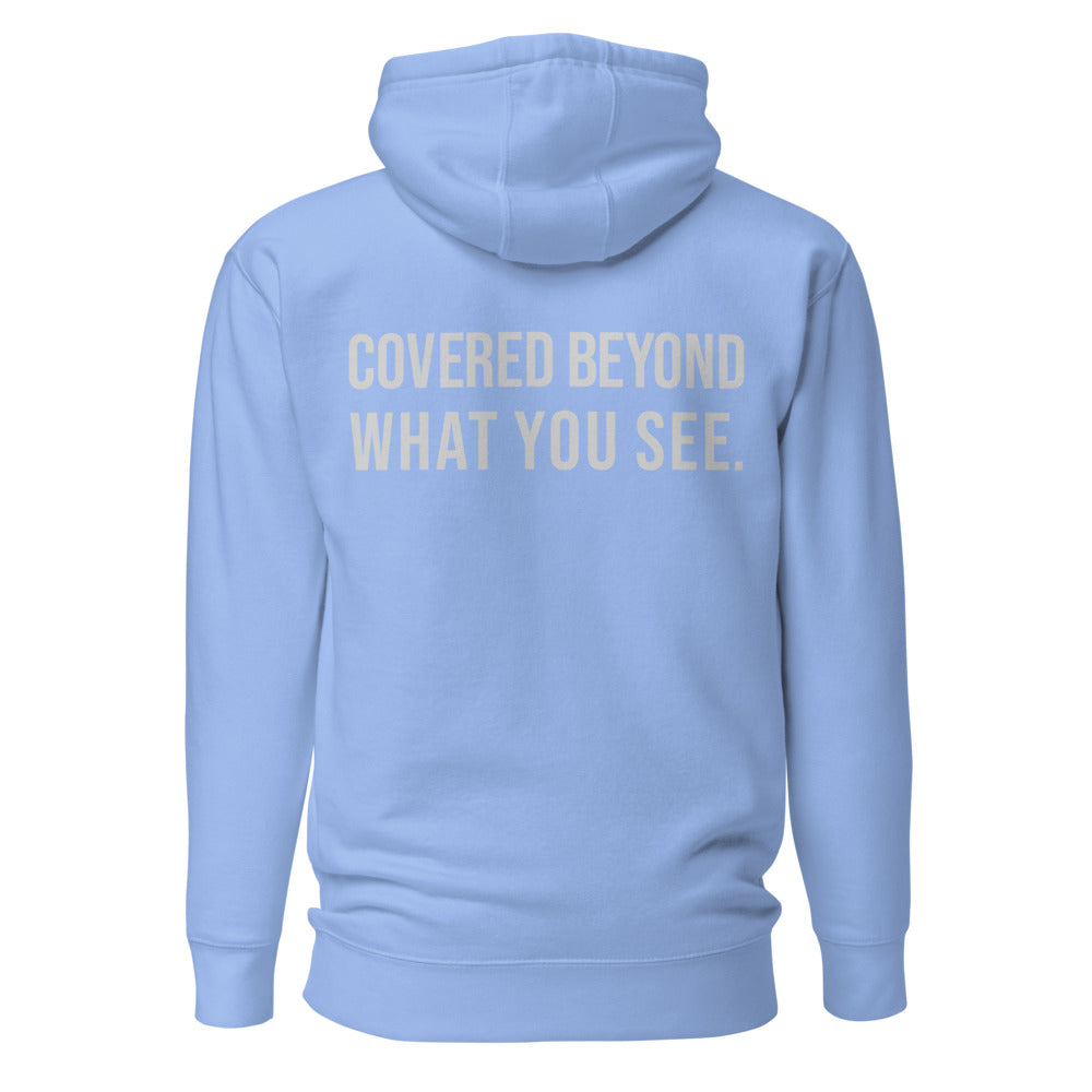 Covered Beyond What You See — Carolina Blue hoodie — back view