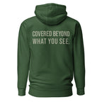 Covered Beyond What You See — Forest Green hoodie — back view