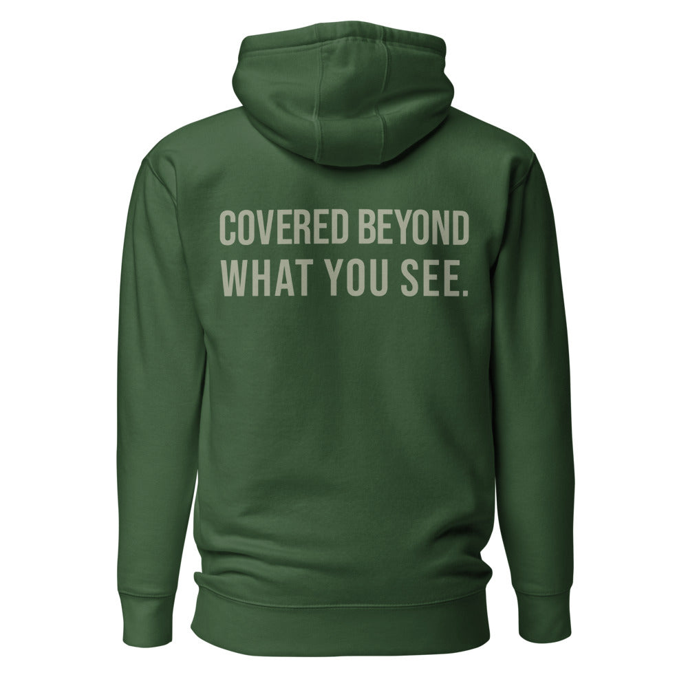 Covered Beyond What You See — Forest Green hoodie — back view