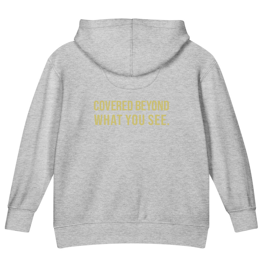 Covered Beyond What You See — Kids Faith Hoodie - Heather back