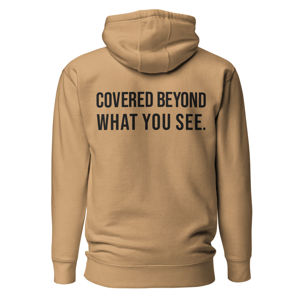 Covered Beyond What You See — Khaki hoodie — back view