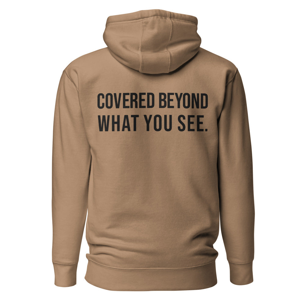 Covered Beyond What You See — Latte hoodie — back view