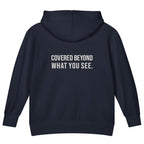 Covered Beyond What You See — Kids Faith Hoodie - Navy back