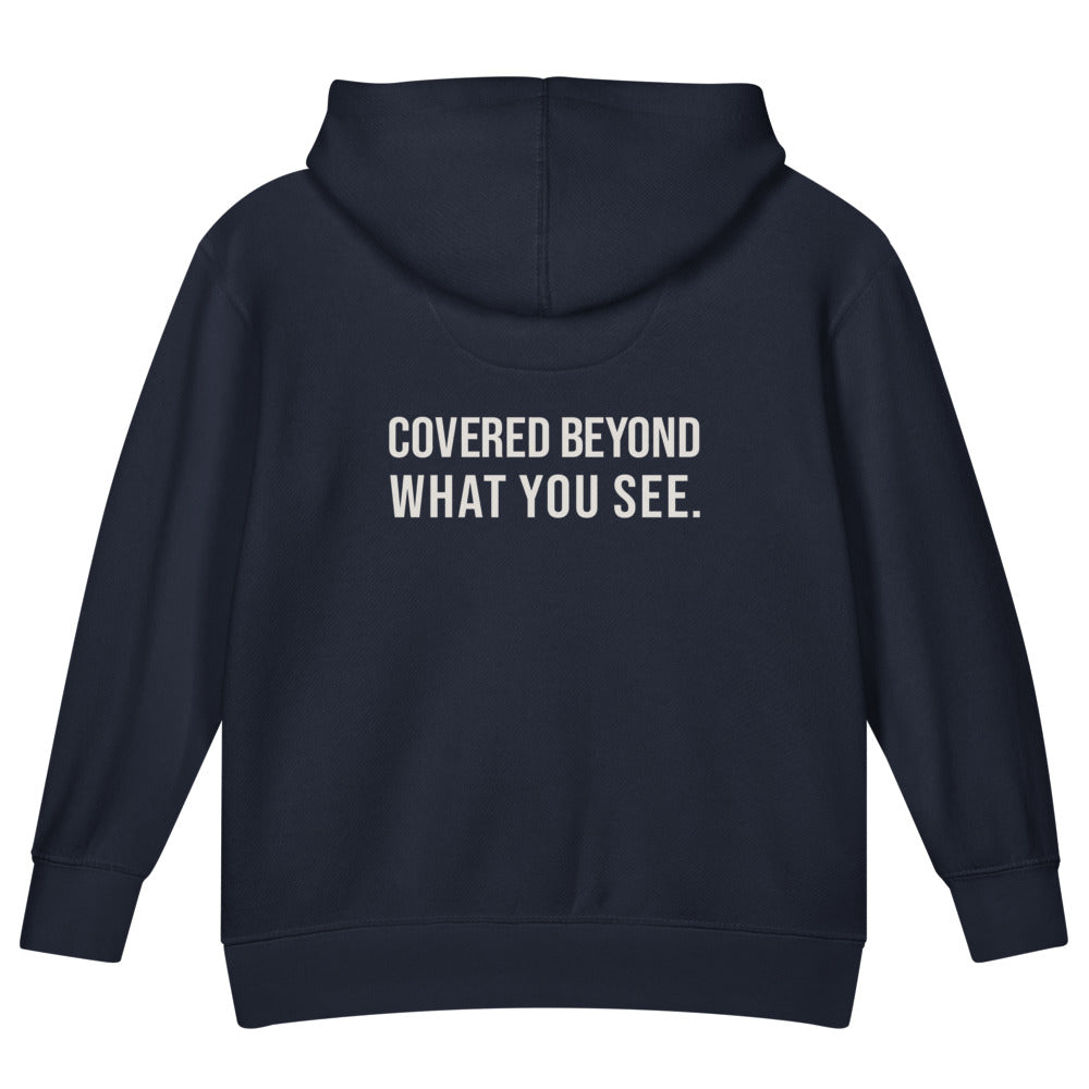 Covered Beyond What You See — Kids Faith Hoodie - Navy back