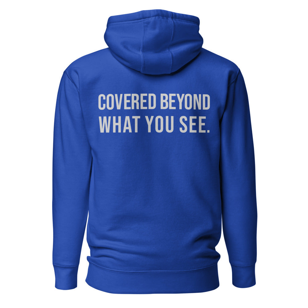 Covered Beyond What You See — Embroidered Faith Hoodie — Team Royal back with Cool Gray slogan