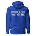Covered Beyond What You See — Embroidered Faith Hoodie — Team Royal back with Cool Gray slogan