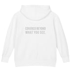 Covered Beyond What You See — Kids Faith Hoodie - White back