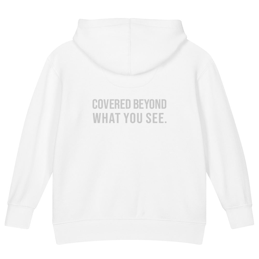Covered Beyond What You See — Kids Faith Hoodie - White back