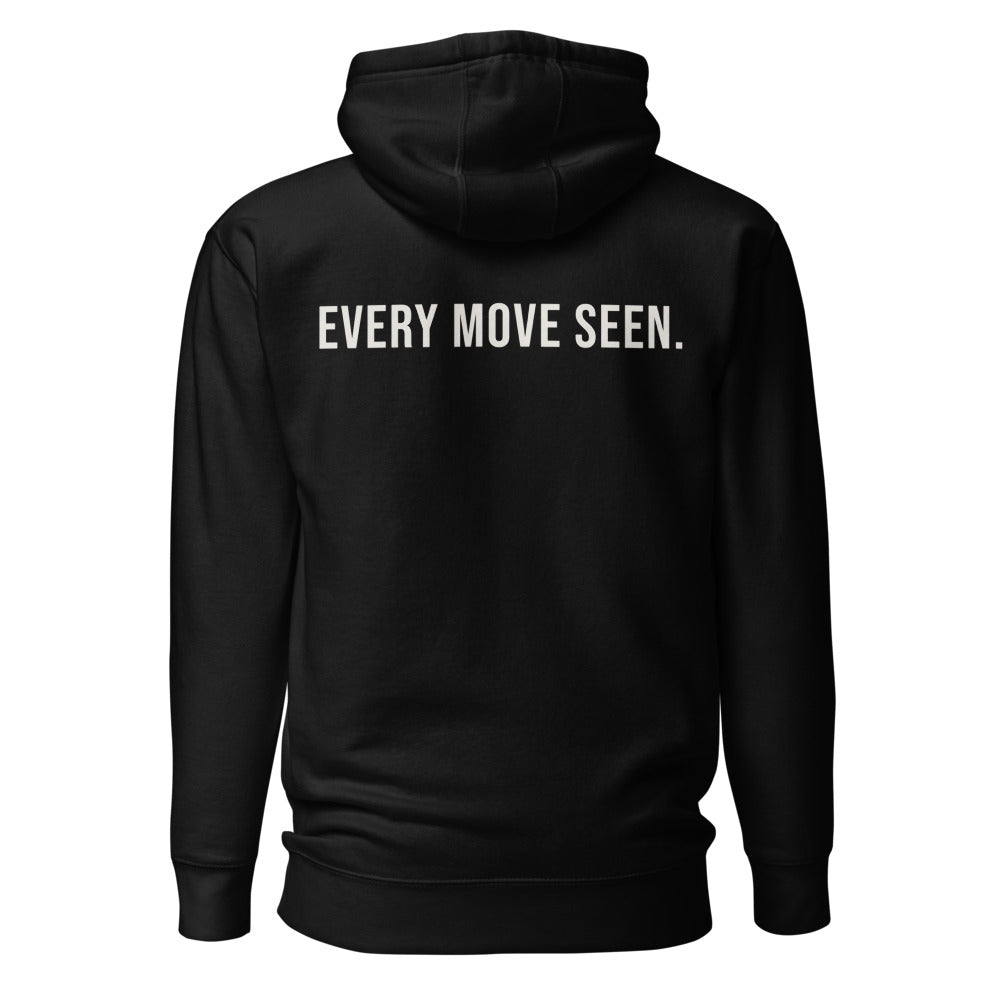 Every Move Seen — Black hoodie — back view