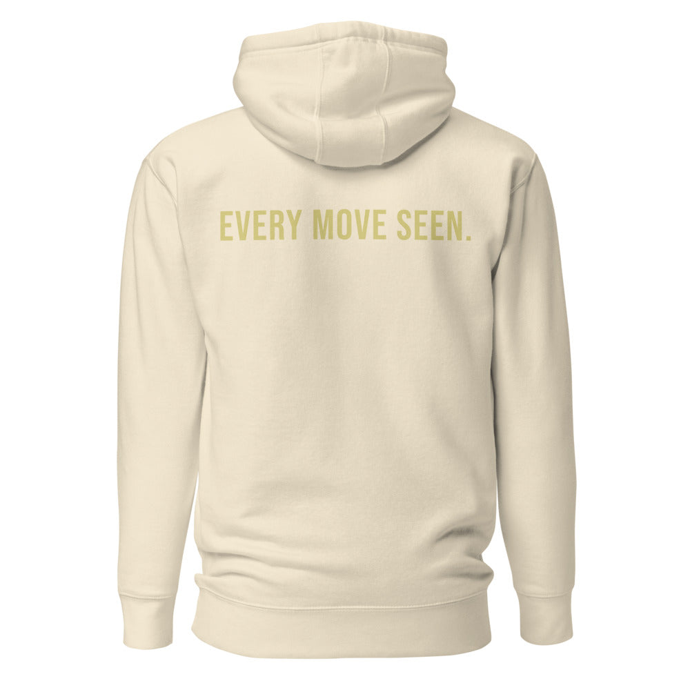 Every Move Seen — Bone hoodie back with Butter ink slogan