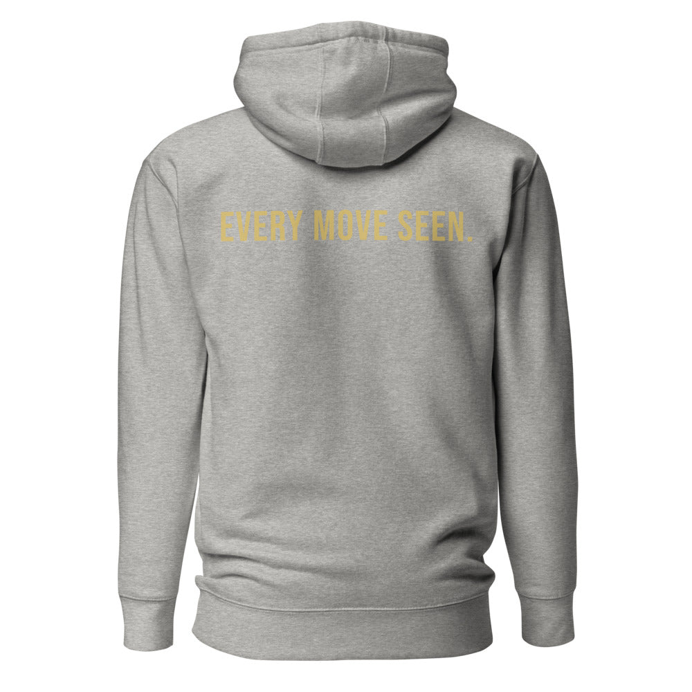 Every Move Seen — Carbon Grey hoodie — back view